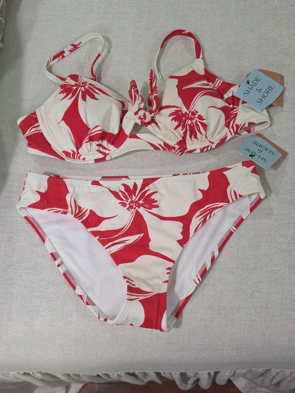 Shade & Shore Cream and Red Floral Bikini Set with Knot Front